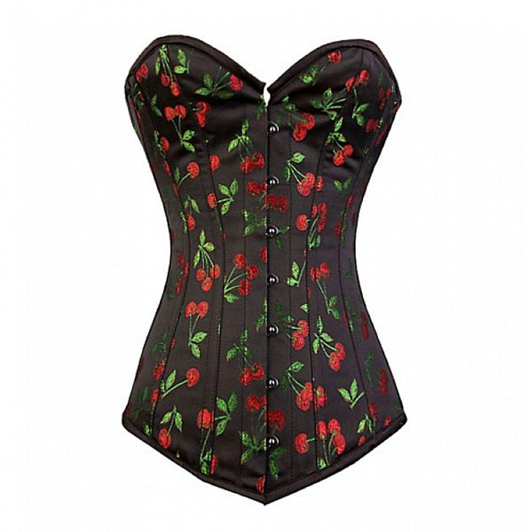 Elegant overbust steel boned corset in cherry brocade
